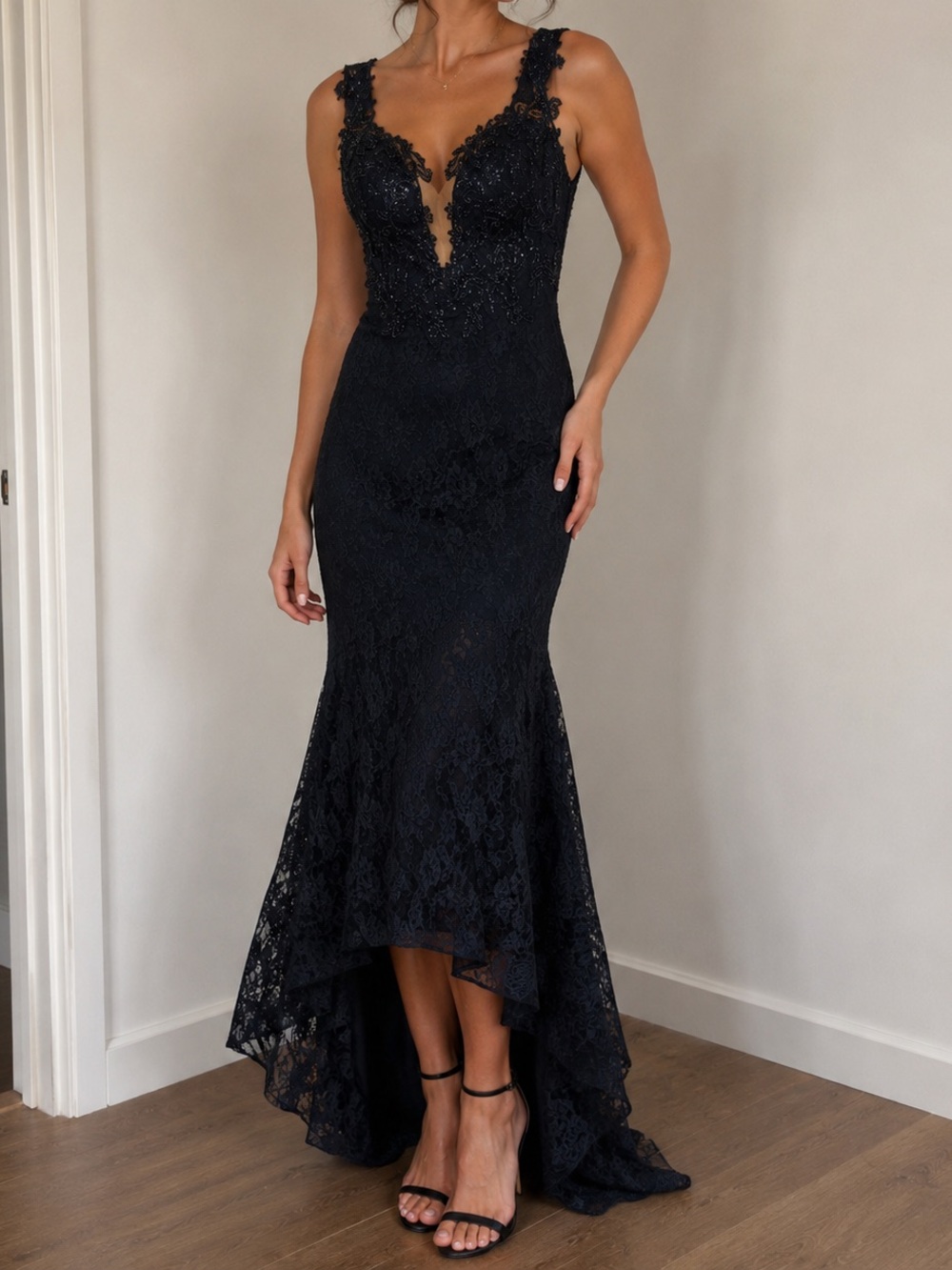 NWT Navy Lace Beaded Gown